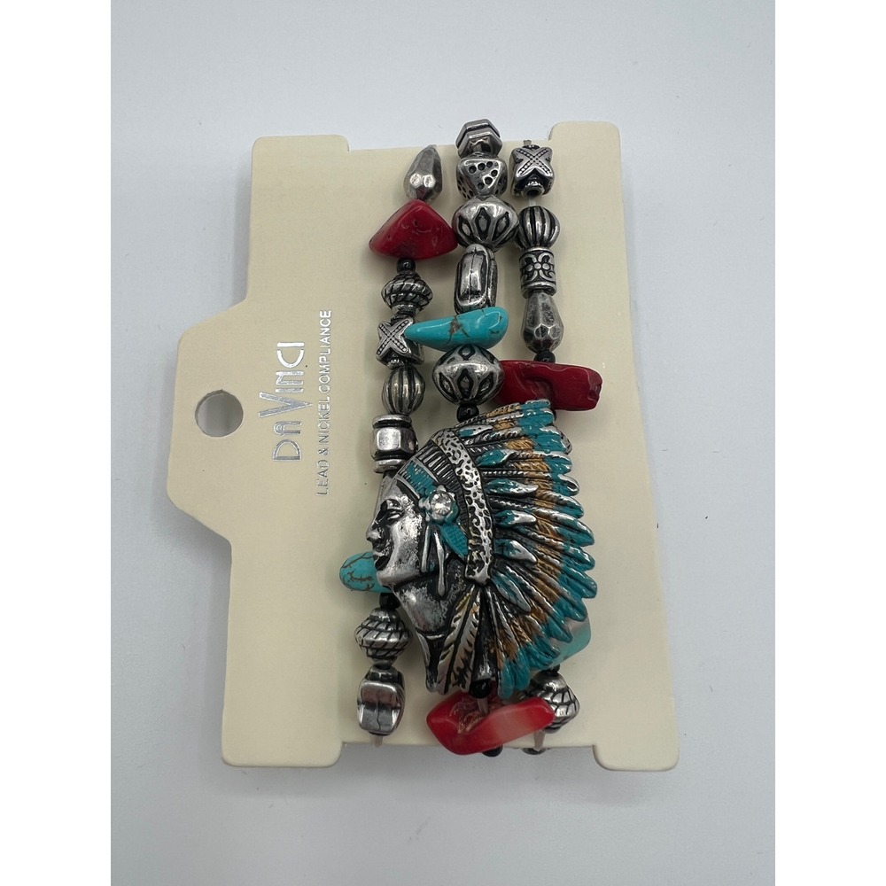 DaVinci Southwestern Boho Headdress Multi Strand Stretch Bracelet Turquoise Red